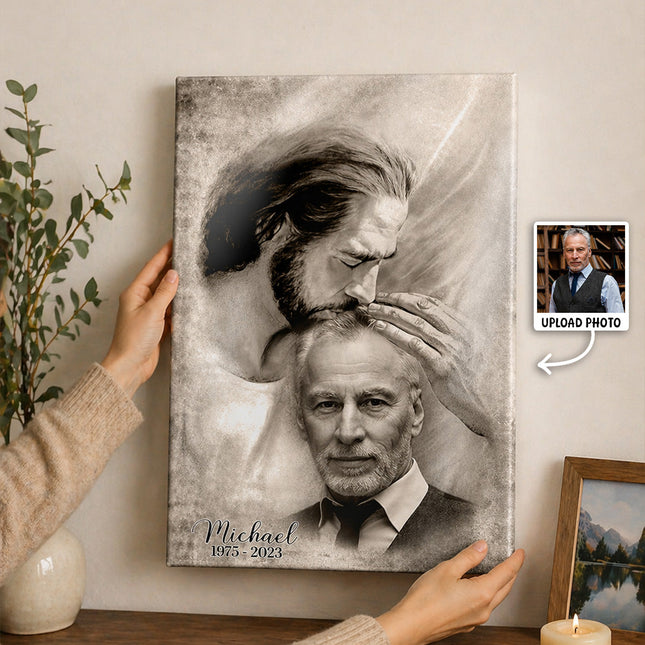Custom Photo Safe In The Arm Of Jesus Canvas - Remembrance Gift for Family, Grandparents