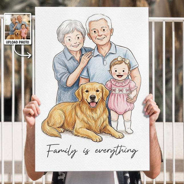 Custom Illustration Family Portrait with Pet - Personalized Customized Canvas - Special Gift For Family, Couple, Pet Lovers