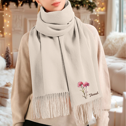 Personalised Name Birth Flower Soft Warm Tassel Scarf, Winter Accessory Anniversary Birthday