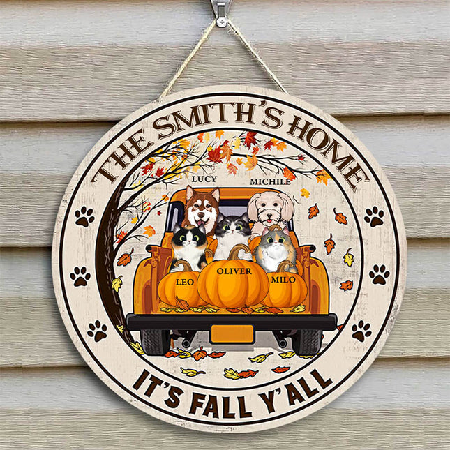 Cat Dog Lovers It's Fall Y'all Custom Wood Circle Sign, Personalized Pet Sign, Fall Sign