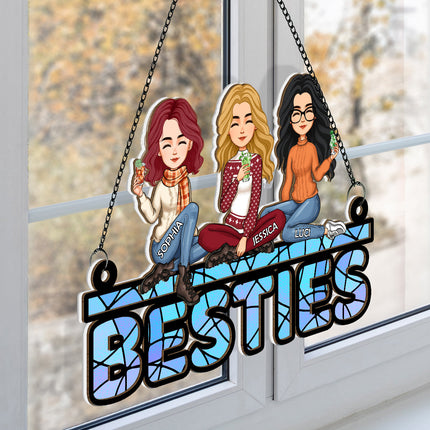 Besties Sitting Together  - Personalized Acrylic Window Suncatcher Ornament - Gift For Best Friends, BFF, Sisters