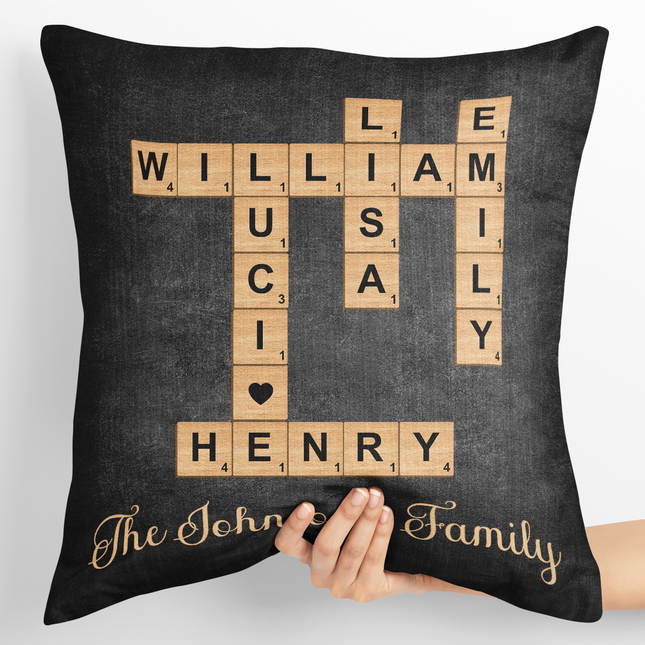 Family Christmas Decor Crossword Puzzle Art - Personalized Pillow