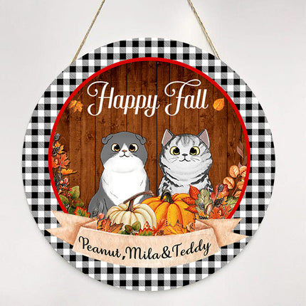 Fall Season Wreath Fluffy Cats Personalized Door Hanger Sign