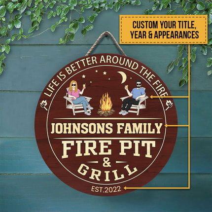 Fire Pit And Grill - Personalized Round Wood Sign - Birthday, Summertime Decor, Housewarming Gift For Family, Friends