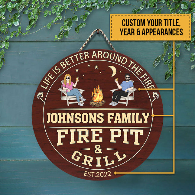 Fire Pit And Grill - Personalized Round Wood Sign - Birthday, Summertime Decor, Housewarming Gift For Family, Friends