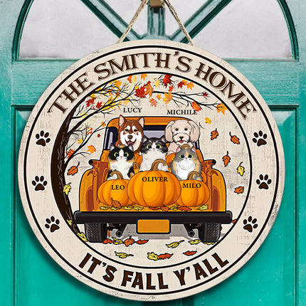 Cat Dog Lovers It's Fall Y'all Custom Wood Circle Sign, Personalized Pet Sign, Fall Sign