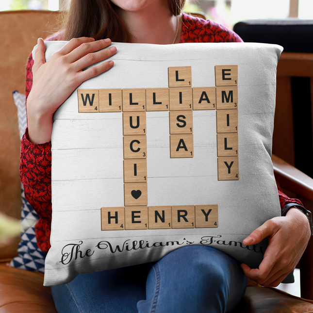 Family Christmas Decor Crossword Puzzle Art - Personalized Pillow