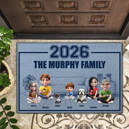 3D Effect Family Sitting Together - Personalized Doormat
