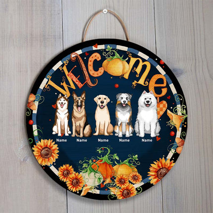 Welcome Fall - Flowers Around Woodsign - Personalized Dog Autumn Door Sign