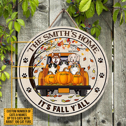 Cat Dog Lovers It's Fall Y'all Custom Wood Circle Sign, Personalized Pet Sign, Fall Sign