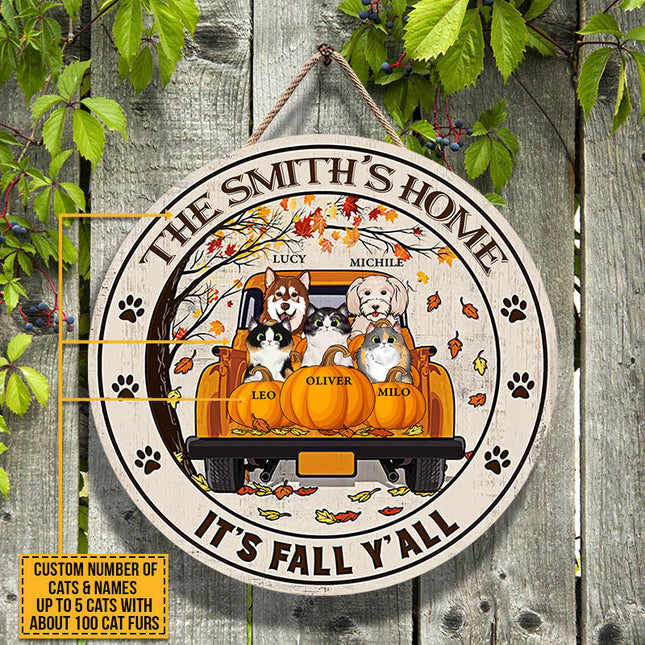 Cat Dog Lovers It's Fall Y'all Custom Wood Circle Sign, Personalized Pet Sign, Fall Sign