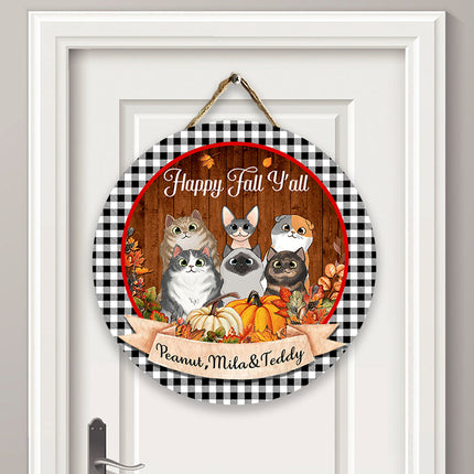 Fall Season Wreath Fluffy Cats Personalized Door Hanger Sign