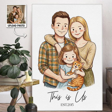 Custom Illustration Family Portrait with Pet - Personalized Customized Canvas - Special Gift For Family, Couple, Pet Lovers