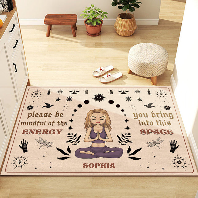 Please Be Mindful Of The Energy - Personalized Doormat - Birthday Gift For Yoga Lovers