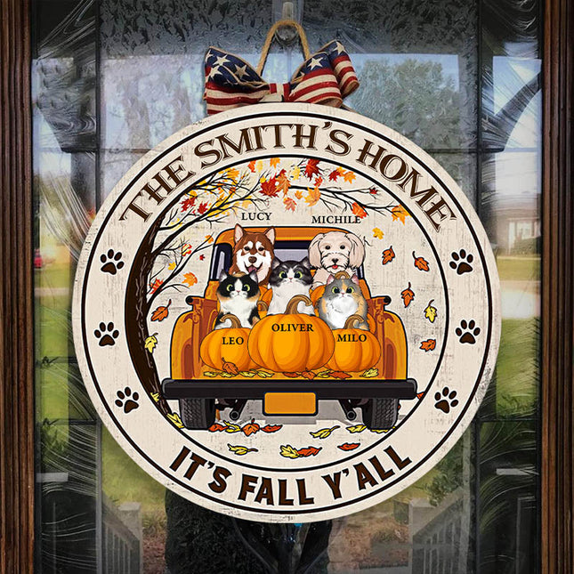 Cat Dog Lovers It's Fall Y'all Custom Wood Circle Sign, Personalized Pet Sign, Fall Sign