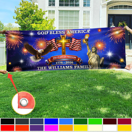 Custom Family Name 250 Years of Freedom God Bless America 1776 - 2026 Banner