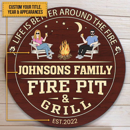 Fire Pit And Grill - Personalized Round Wood Sign - Birthday, Summertime Decor, Housewarming Gift For Family, Friends