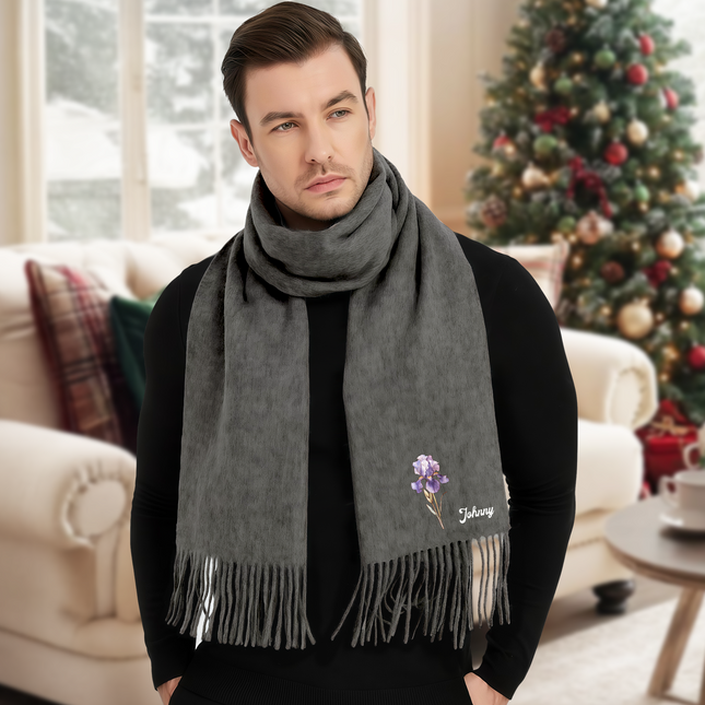 Personalised Name Birth Flower Soft Warm Tassel Scarf, Winter Accessory Anniversary Birthday