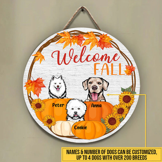 Dog Welcome Fall Autumn Custom Wood Sign, Dog Door Hanger - Personalized Gift For Dog Lovers