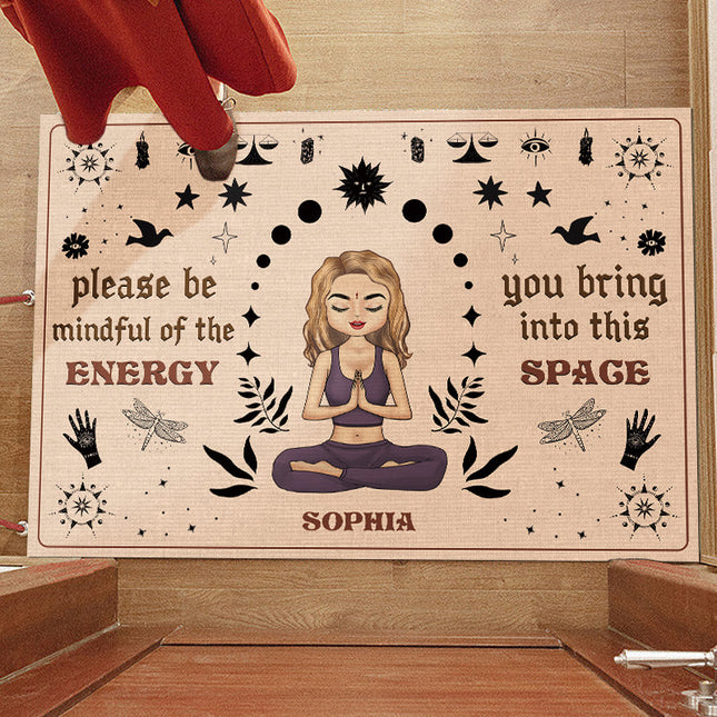 Please Be Mindful Of The Energy - Personalized Doormat - Birthday Gift For Yoga Lovers
