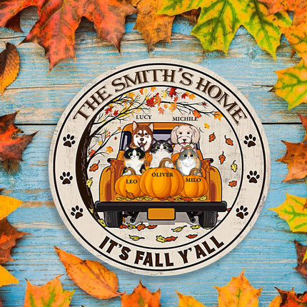 Cat Dog Lovers It's Fall Y'all Custom Wood Circle Sign, Personalized Pet Sign, Fall Sign