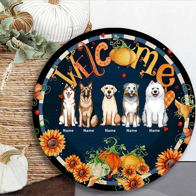 Welcome Fall - Flowers Around Woodsign - Personalized Dog Autumn Door Sign
