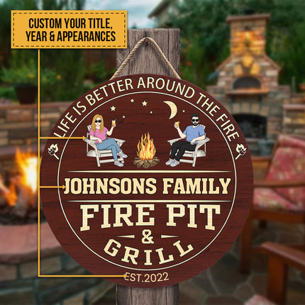 Fire Pit And Grill - Personalized Round Wood Sign - Birthday, Summertime Decor, Housewarming Gift For Family, Friends