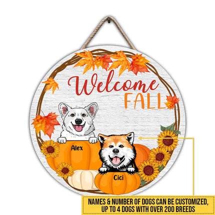 Dog Welcome Fall Autumn Custom Wood Sign, Dog Door Hanger - Personalized Gift For Dog Lovers