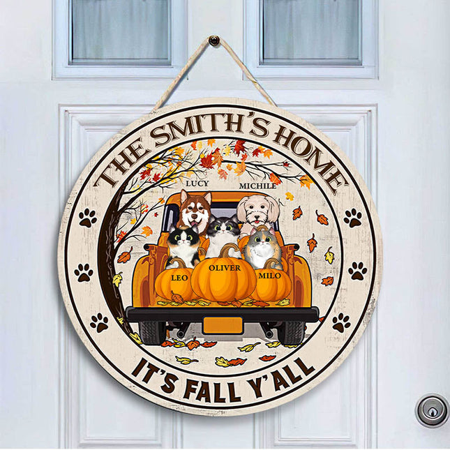 Cat Dog Lovers It's Fall Y'all Custom Wood Circle Sign, Personalized Pet Sign, Fall Sign