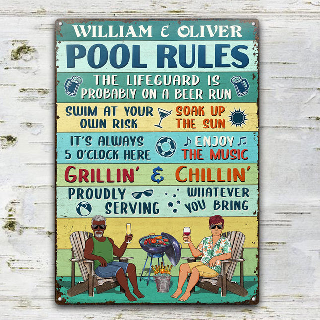 Pool Rules Swim At Your Own Risk Grilling Couple Husband Wife Vintage - Personalized Custom Classic Metal Signs