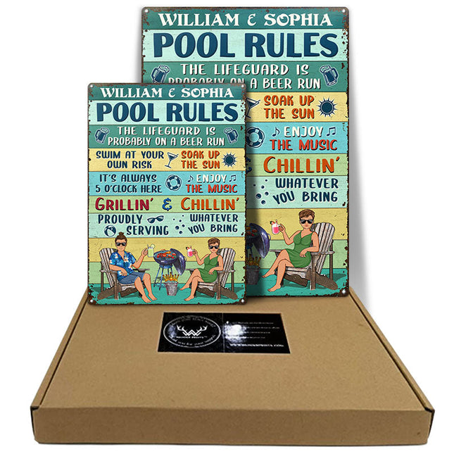 Pool Rules Swim At Your Own Risk Grilling Couple Husband Wife Vintage - Personalized Custom Classic Metal Signs