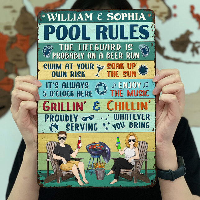 Pool Rules Swim At Your Own Risk Grilling Couple Husband Wife Vintage - Personalized Custom Classic Metal Signs