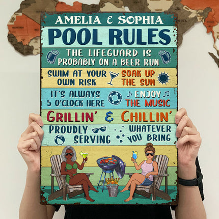 Pool Rules Swim At Your Own Risk Grilling Couple Husband Wife Vintage - Personalized Custom Classic Metal Signs