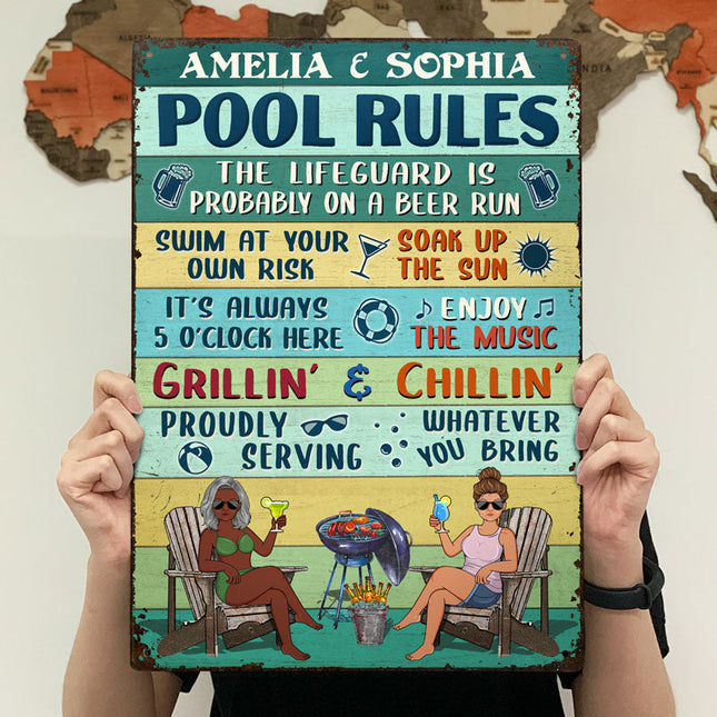 Pool Rules Swim At Your Own Risk Grilling Couple Husband Wife Vintage - Personalized Custom Classic Metal Signs