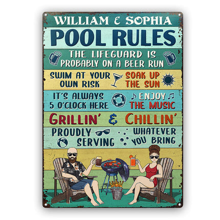 Pool Rules Swim At Your Own Risk Grilling Couple Husband Wife Vintage - Personalized Custom Classic Metal Signs
