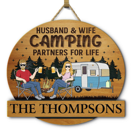 Camping Couple Husband & Wife Camping Partners For Life - Personalized Custom Shaped Wood Sign