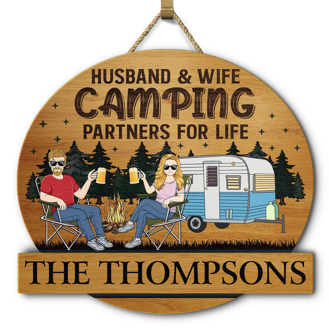 Camping Couple Husband & Wife Camping Partners For Life - Personalized Custom Shaped Wood Sign