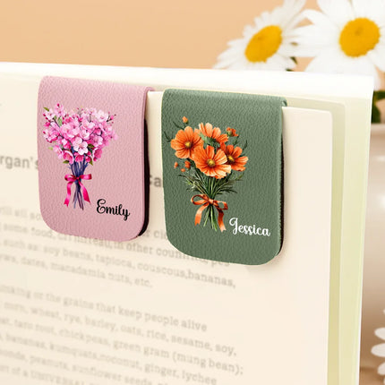 Birth Flower Bouquet Book Keepsake - Personalized Leather Magnetic Bookmark