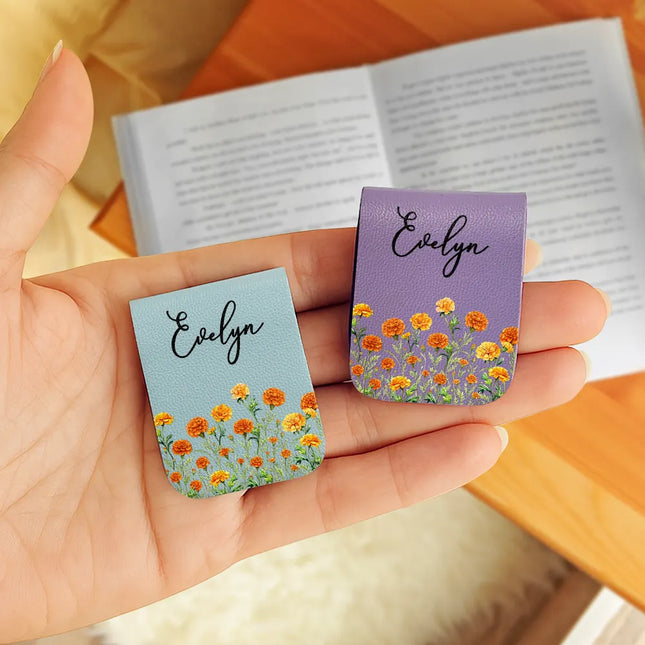 Birth Month Flower Watercolor Blooming In Love - Personalized Leather Magnetic Bookmark