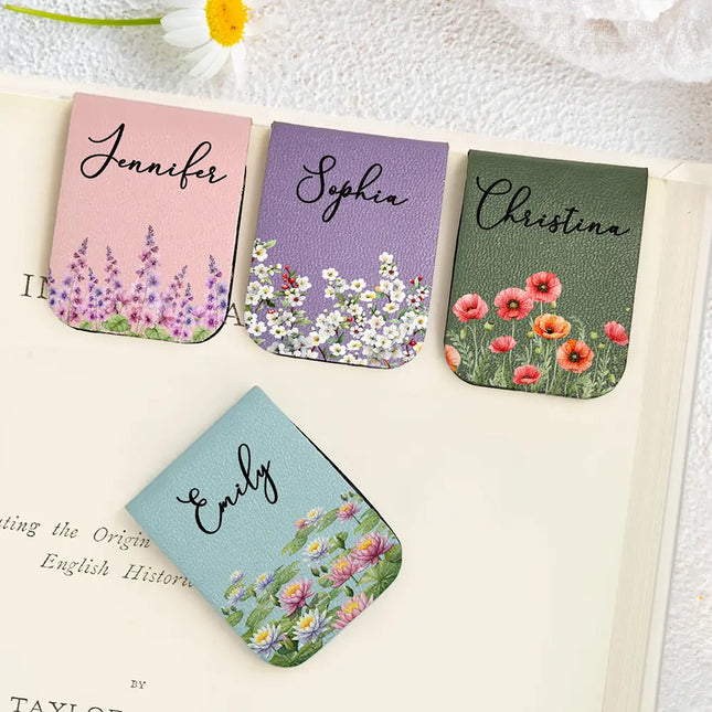 Birth Month Flower Watercolor Blooming In Love - Personalized Leather Magnetic Bookmark