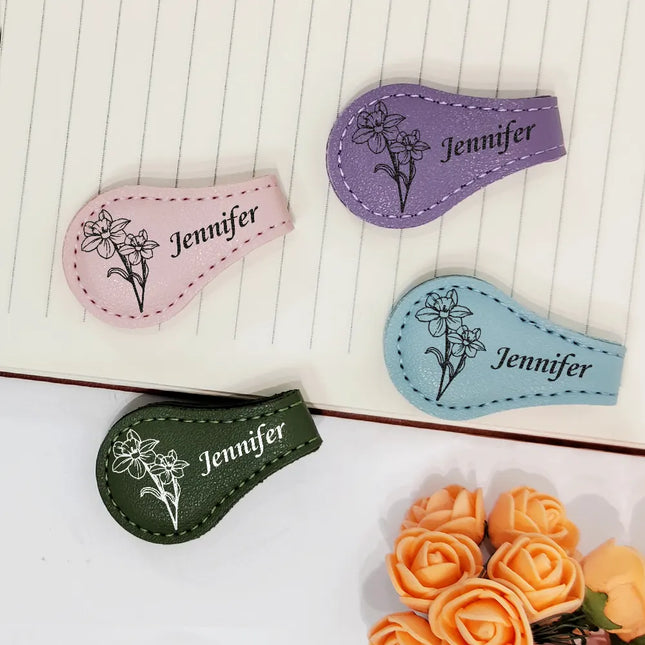 Birth Month Flower & Name - Personalized Circle Leather Magnetic Bookmark