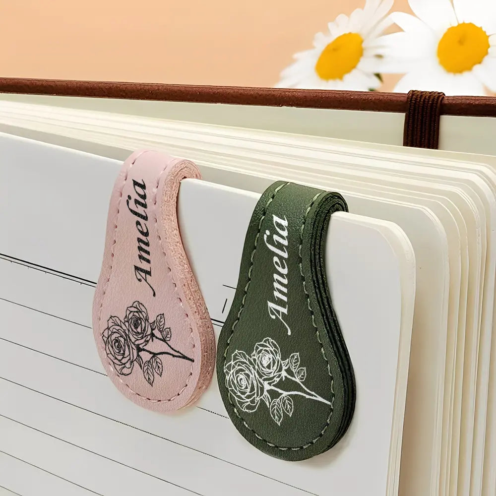 Birth Month Flower & Name - Personalized Circle Leather Magnetic Bookmark