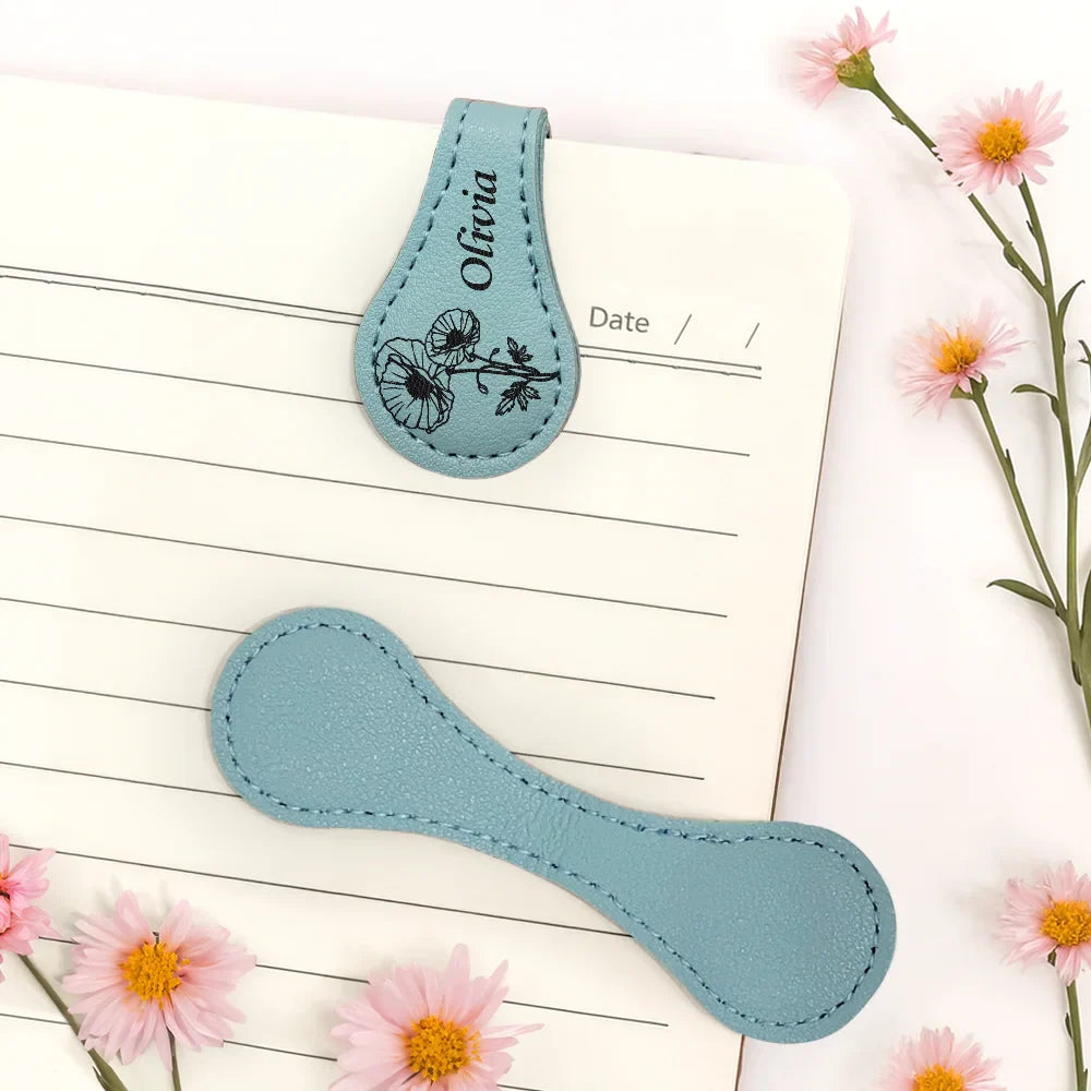 Birth Month Flower & Name - Personalized Circle Leather Magnetic Bookmark