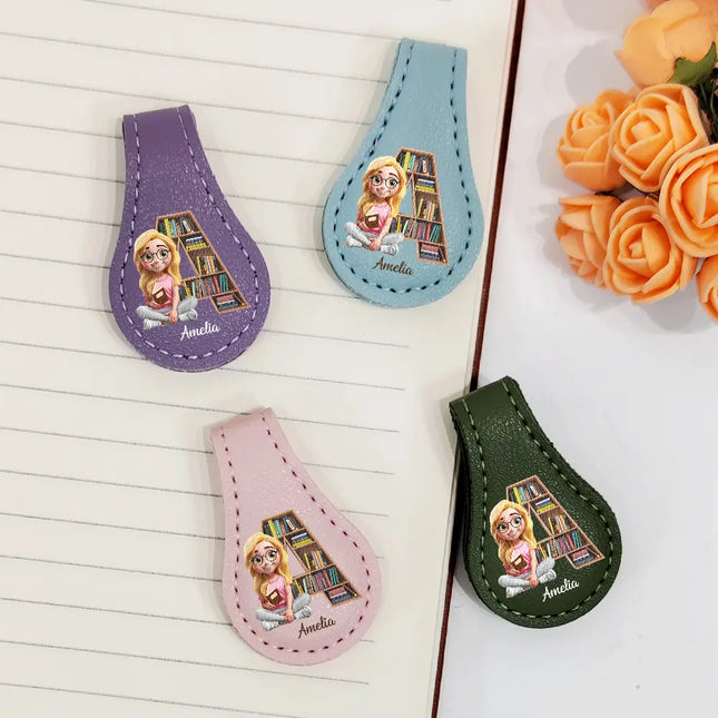 Bookish Monogram Girl With Book - Personalized Circle Leather Magnetic Bookmark