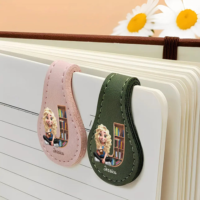 Bookish Monogram Girl With Book - Personalized Circle Leather Magnetic Bookmark