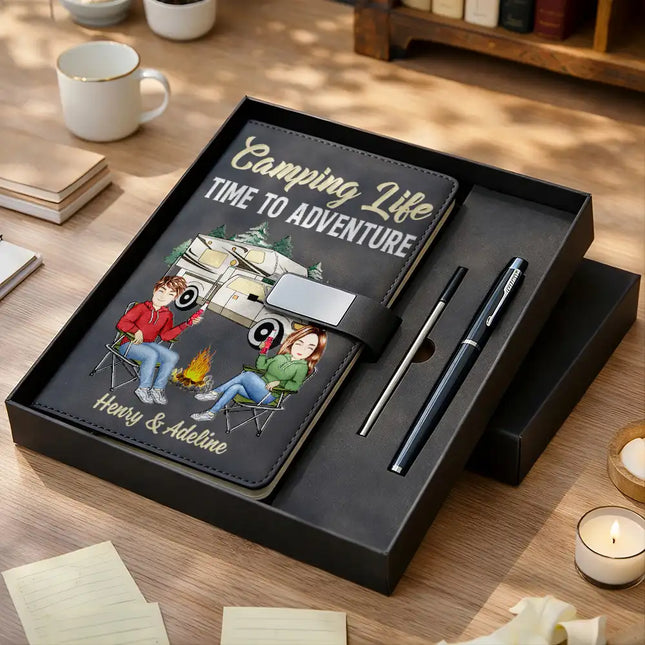 Camping Couple The Adventure Begins - Personalized Leather Notebook Set