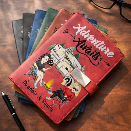 Camping Couple The Adventure Begins - Personalized Leather Notebook Set