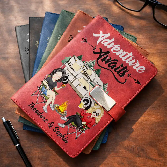 Camping Couple The Adventure Begins - Personalized Leather Notebook Set