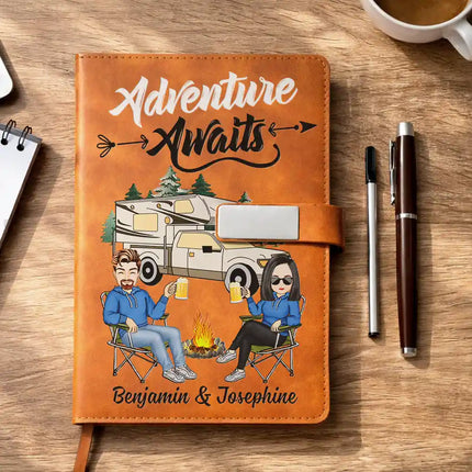 Camping Couple The Adventure Begins - Personalized Leather Notebook Set