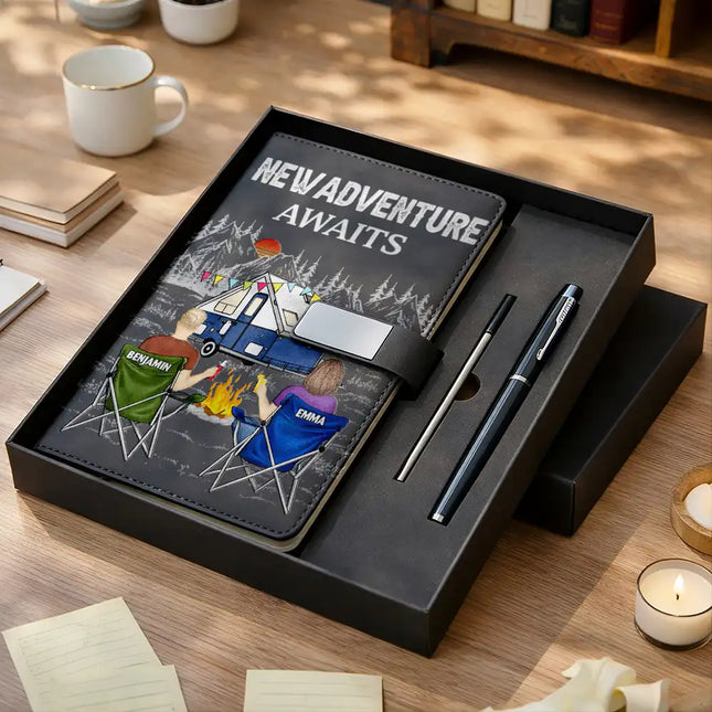 Camping Couple The Adventure Book - Personalized Leather Notebook Set